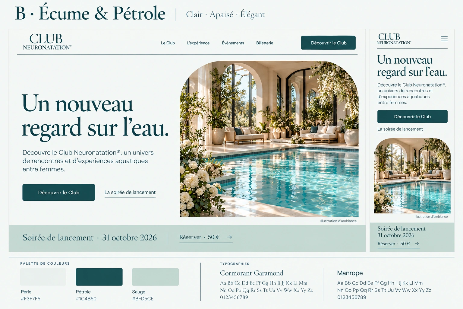 Proposition B : accueil du Club sur fond perle avec texte pétrole et bandeau sauge, piscine en lumière naturelle, déclinaison mobile et palette.